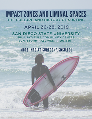 conference flyer, woman holding surf board