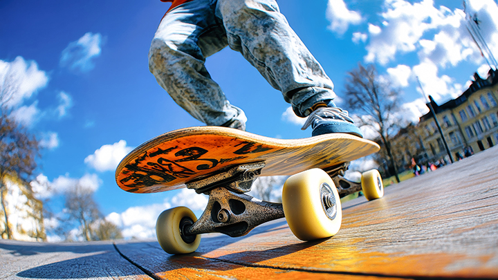 upclose of feet on skatebaord with city in background
