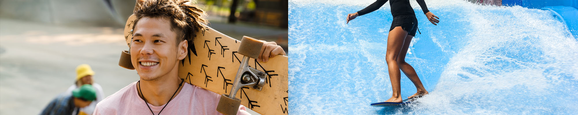 man holding skateboarding and woman surfing