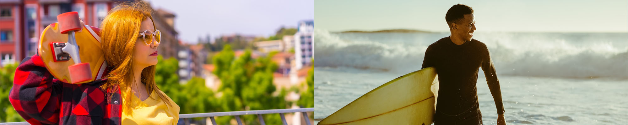 woman sits with skateboard and man holds surf board