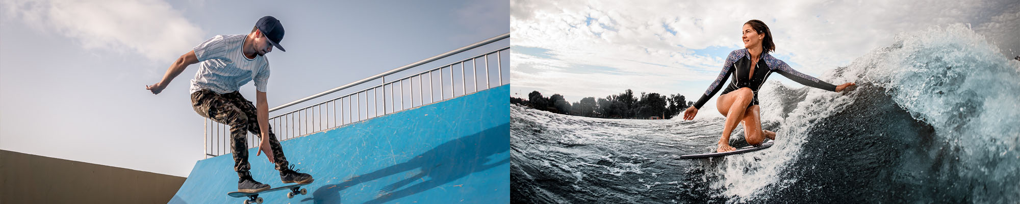 man skates and woman surfs