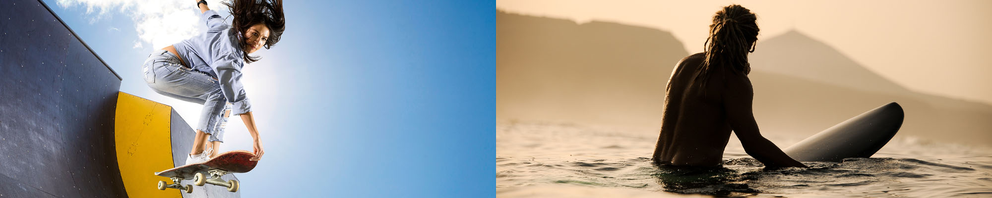 woman skates and man surfs