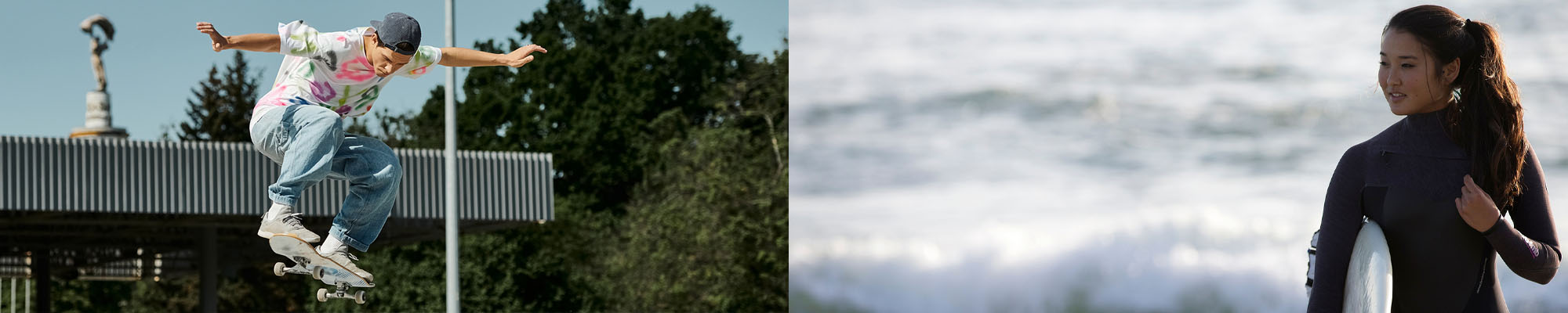 man skates and woman holds surfboard