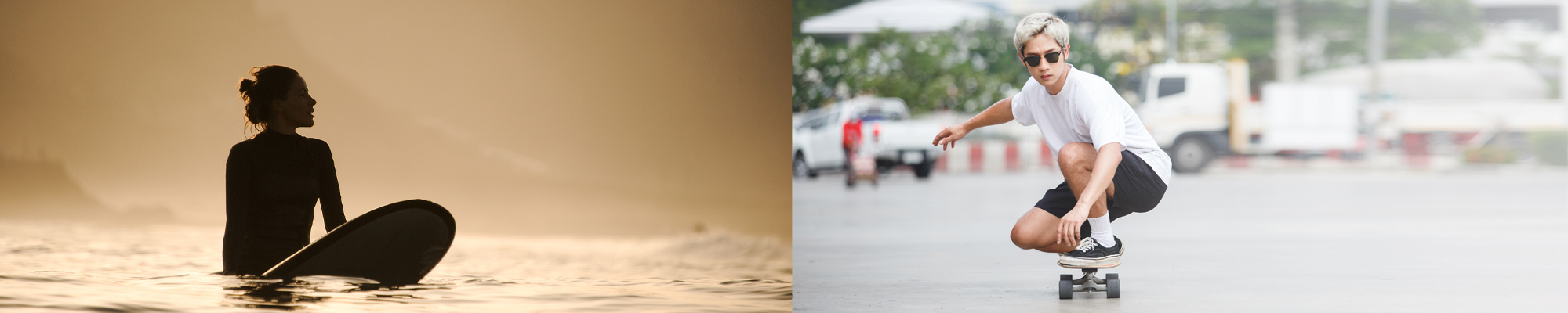 female surfer at sunset and male skateboarder